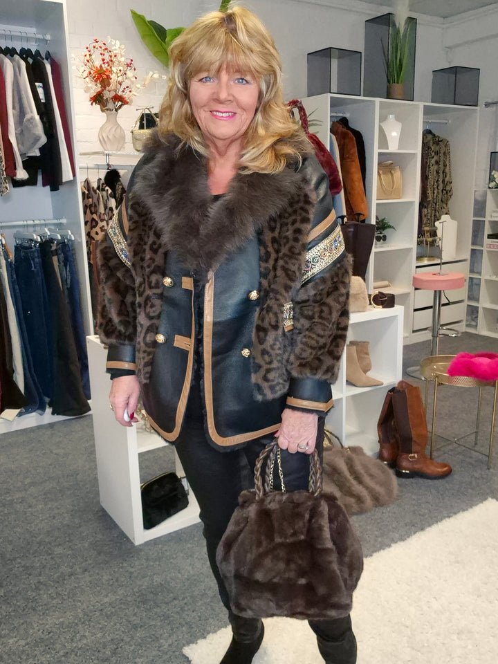 Oslo Faux Fur/Faux Leather Jacket - Chocolate Leopard - (Oversized fits Size 14 to Size 16/18)