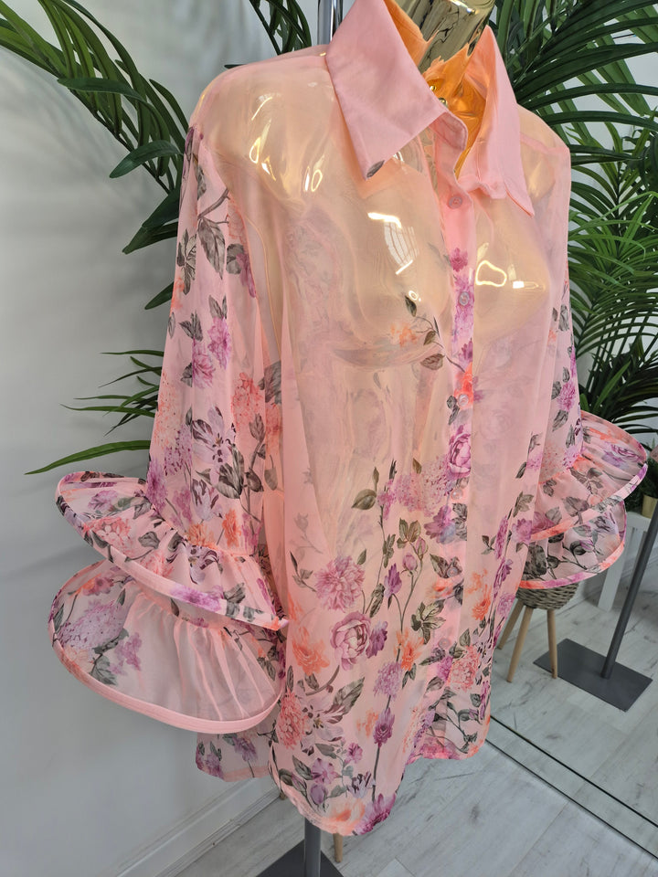 Alba Floral Chiffon Double Fluted Sleeve Blouse - (choose your Colour) - (Oversized)
