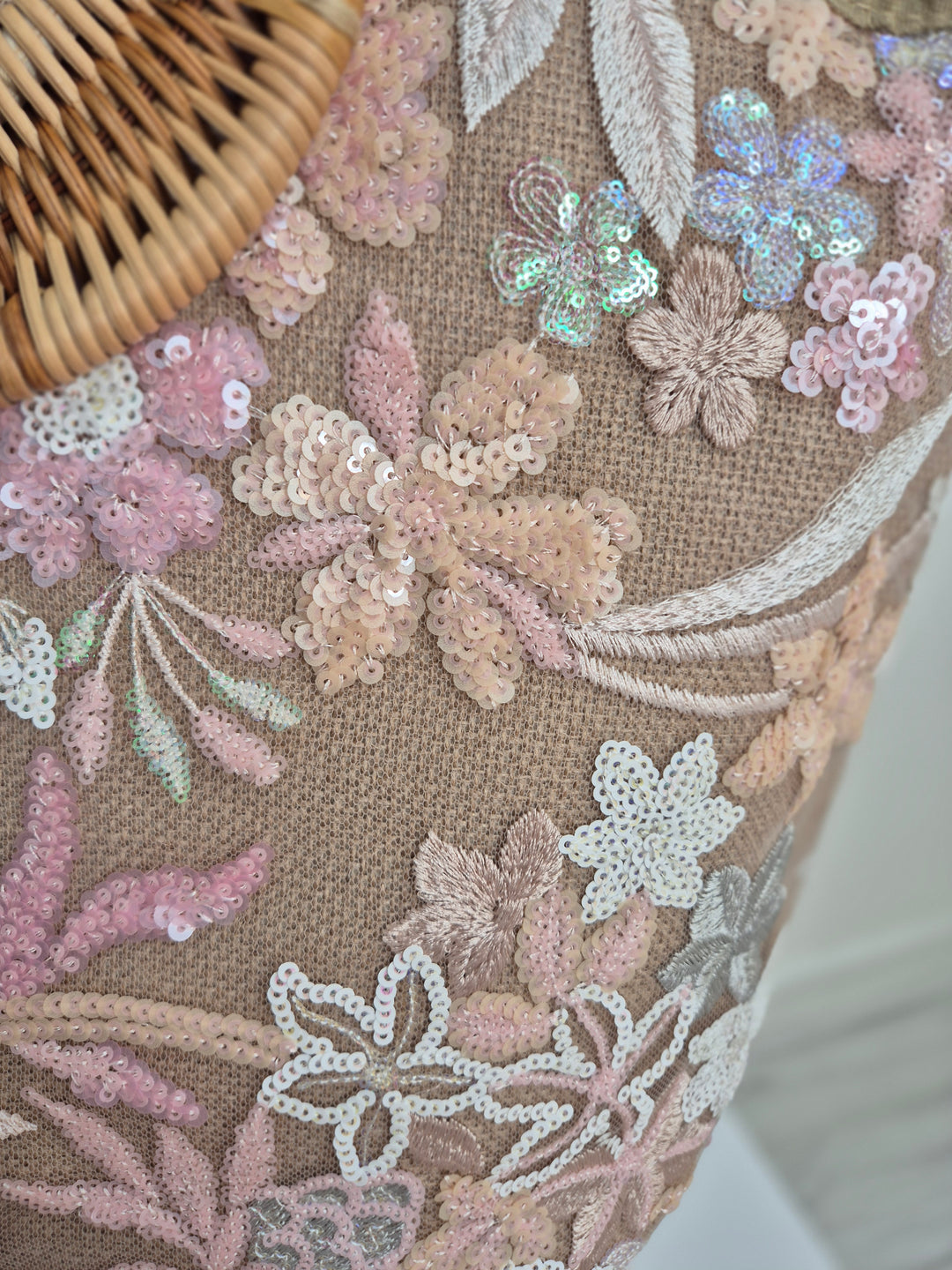 Floral Sequins Bamboo Bag - Pink