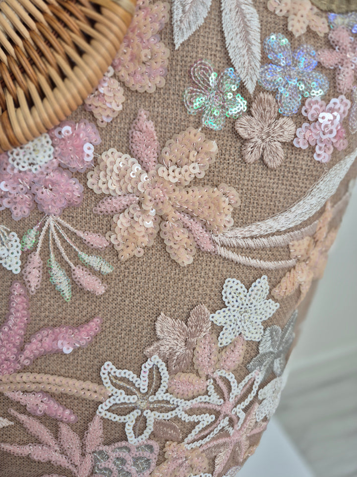 Floral Sequins Bamboo Bag - Pink