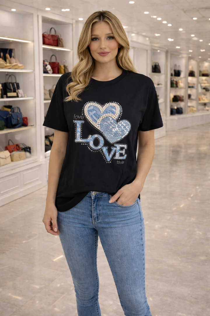 LOVE Hearts, Crystals, Pearls & Lace Tee Shirts - Black/Blue (choose your Size)