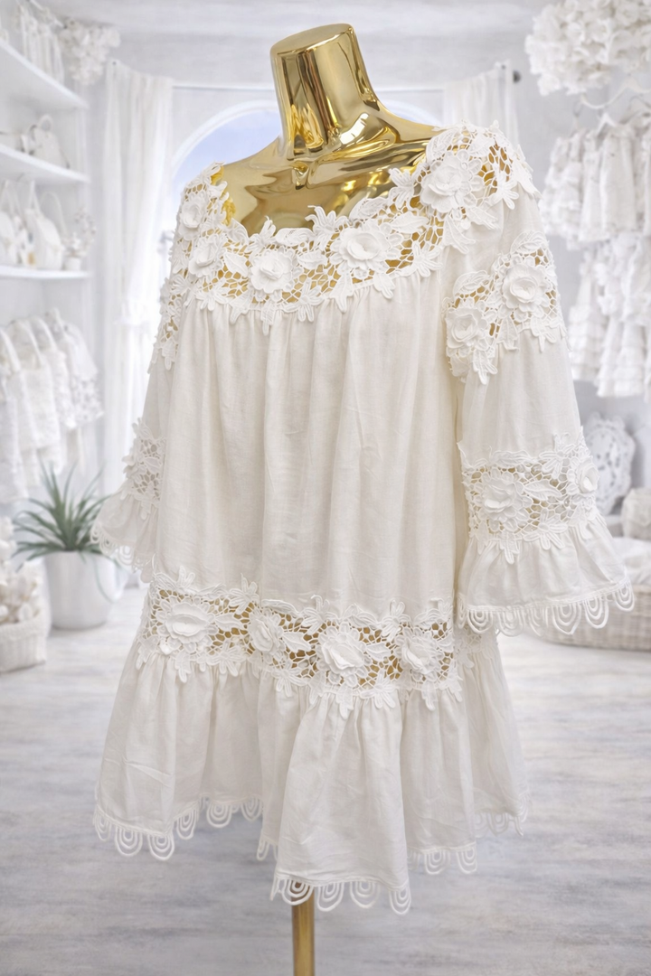 St Lucia Bardot Beach Dress/Top - White (One Size - fitting up to Size 16)