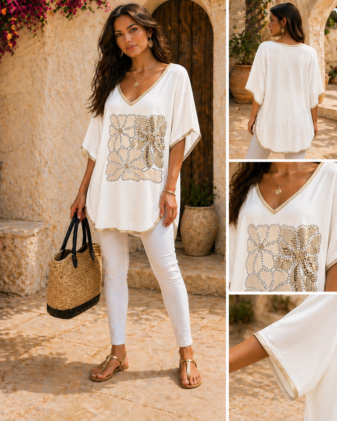 Flower Sparkly Oversized Top - (One Size/Curvy, fits from Size 14/16 up to Size 18) - White