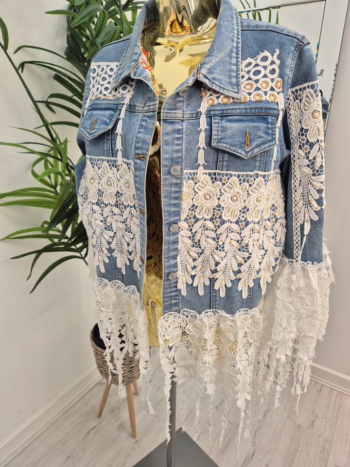 Elle Lace Tassel Denim Jacket - Light/Mid Stonewashed (One Size, fitting from Size 10 up to 14)