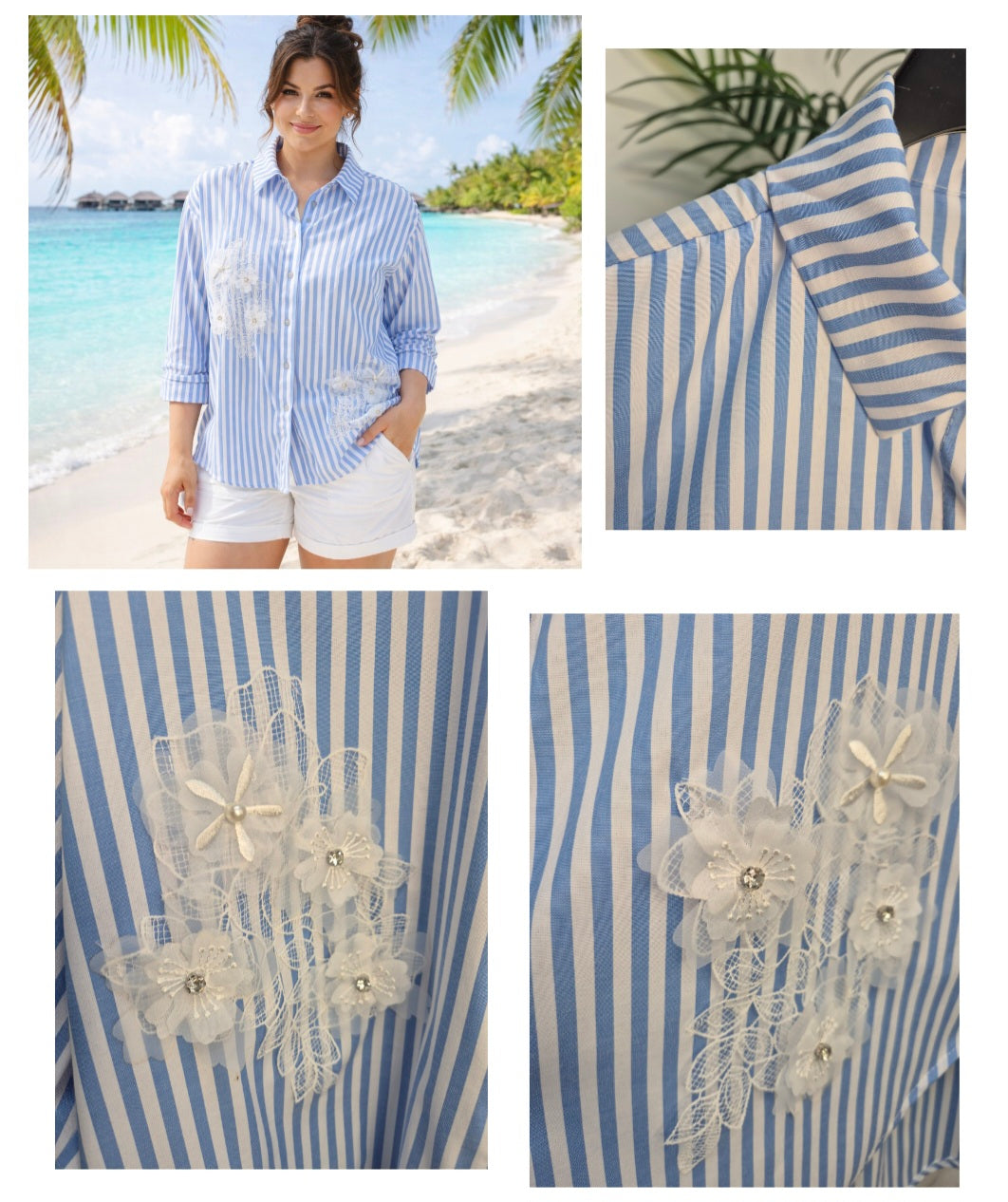 Penny Pinstripe Floral Applique Oversized Shirt - Blue/White (One Size/Curvy - fitting from Size 16 up to Size 20)