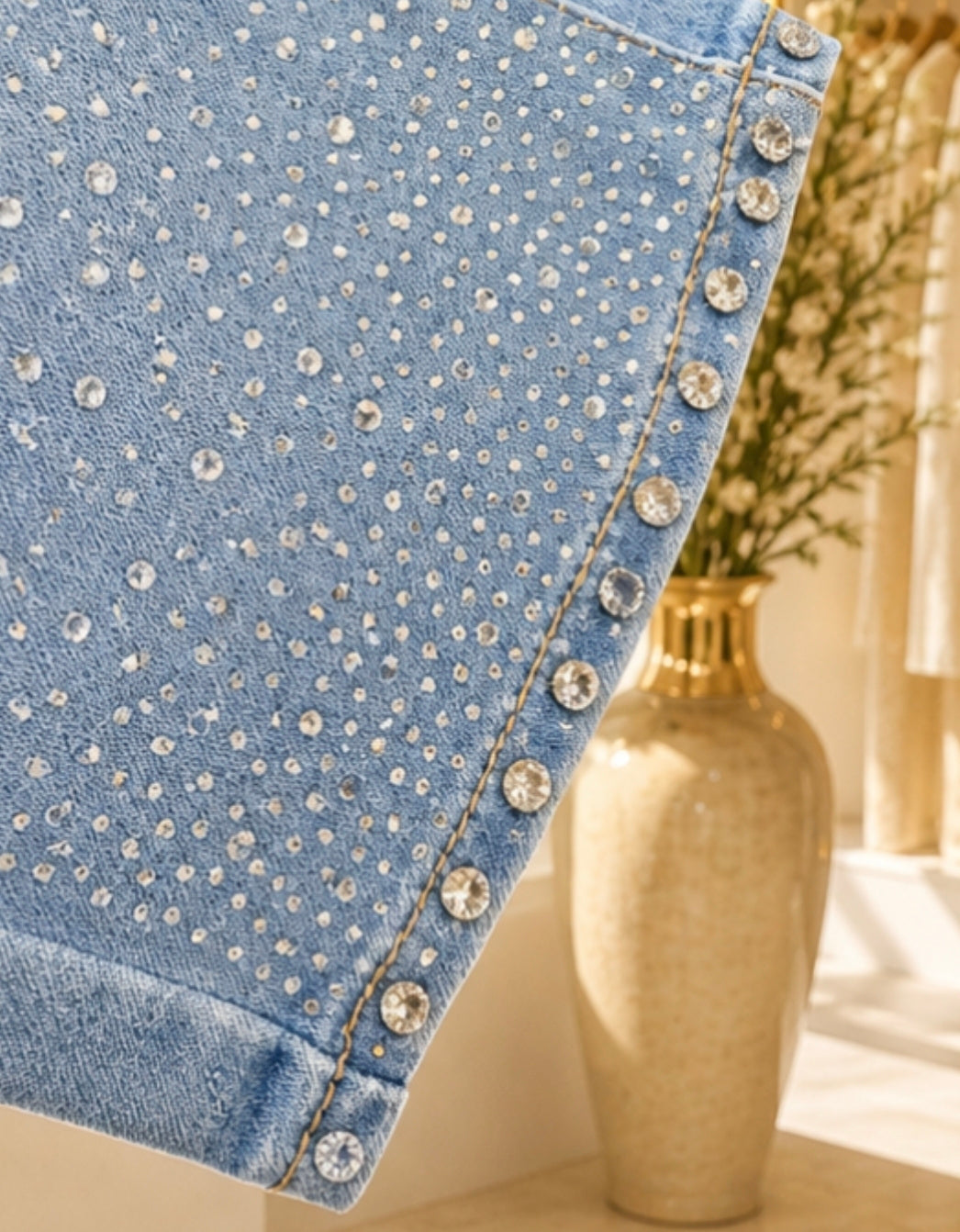 Crystal Diamantes Denim Stretchy 3/4 Length Shorts - Stonewashed Denim - (choose your Size)
