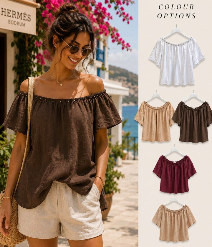Capri Bardot Top with Gold Studs (One Size, fits from Size 10 up to Size 16) - (choose your Colour)