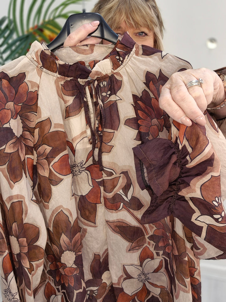 Floral Autumn Blouse - Chocolate/Wine/Stone (fits from Size 12/14 to Size 18/20)