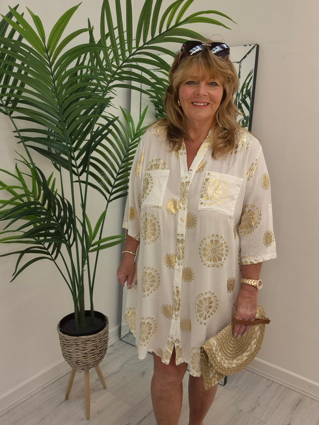 Ibiza Florals Shirt Dress - (Loose Fit) - White/Gold