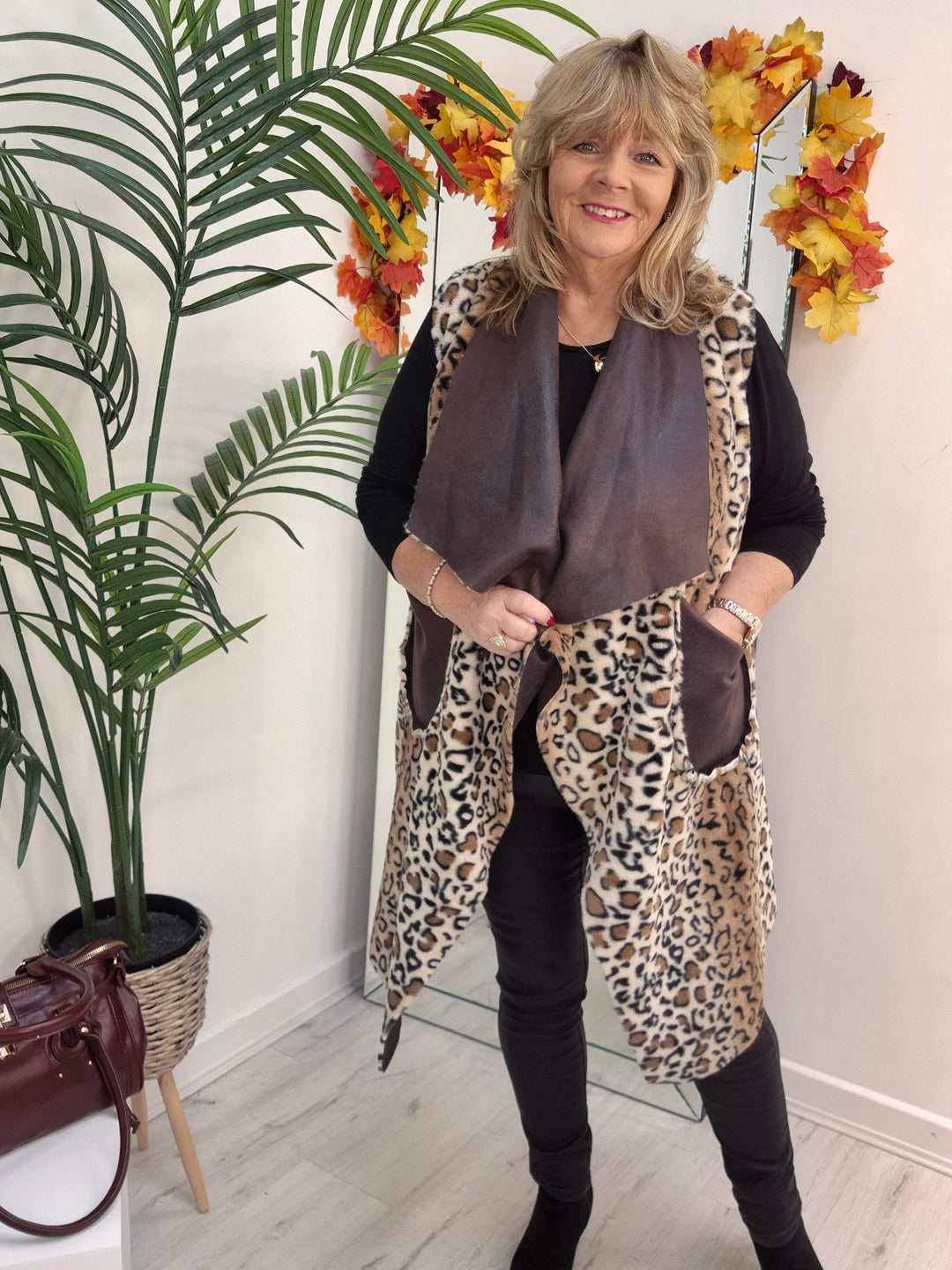 Oslo Faux Fur Reversible Gilet - Chocolate Leopard (Oversized, fitting from Size 12 up to Size 16)