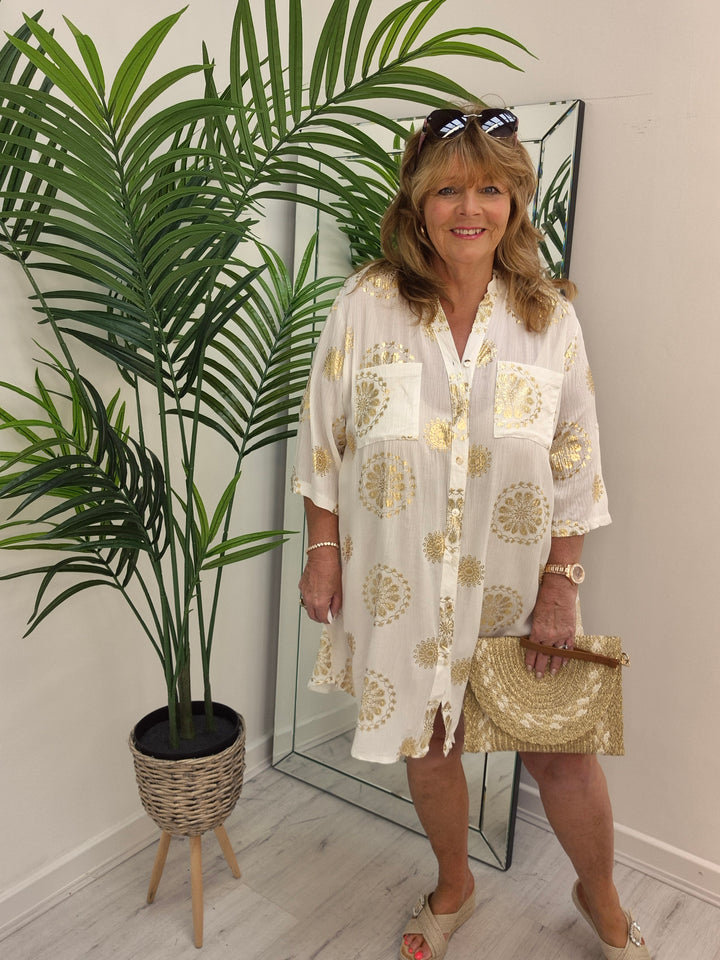 Ibiza Florals Shirt Dress - (Loose Fit) - White/Gold