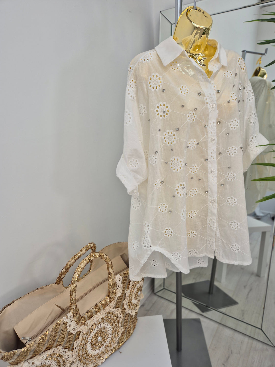 Zeta Otto Broderie Anglaise Blouse with Crystals - White (Oversized)