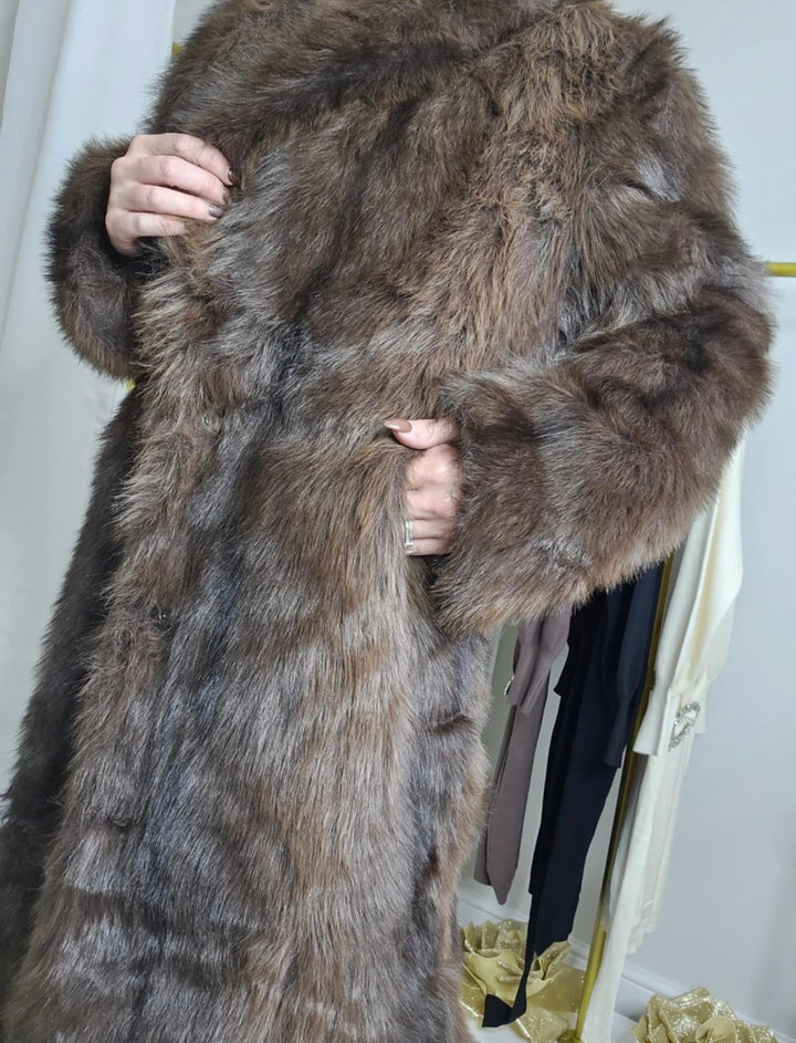 Oslo Fluffy Faux Fur Coat - Chocolate (choose your Size)