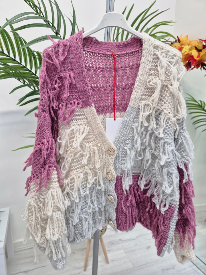 Shaggy Cardigan with Gold Buttons (Oversized) Long Length - Raspberry