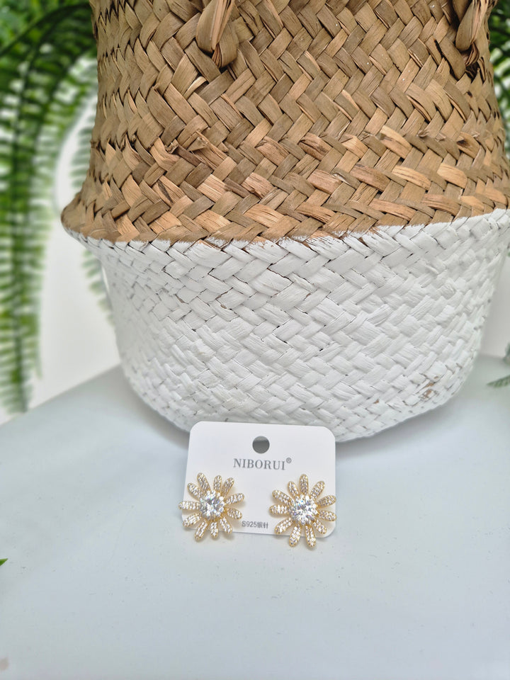 Crystal Flower Earrings - Gold Tone (Pierced)