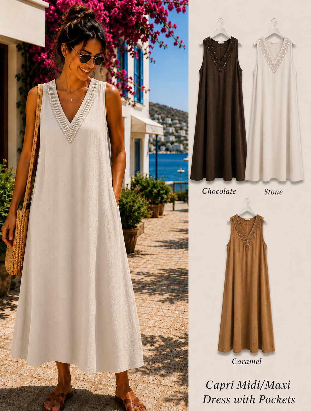 Capri Midi/Maxi Dress with Sparkly V Neck - (choose your Colour) - One Size, fits from Size 12 up to Size 16