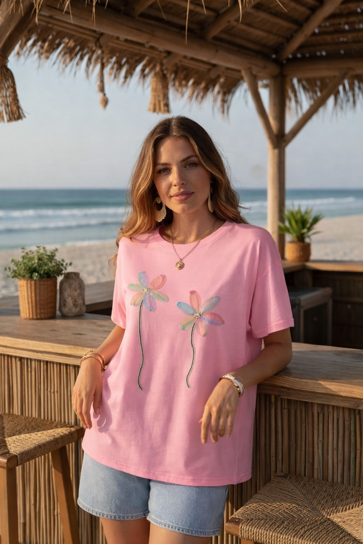 Daisy Crystal Tee Shirt  - Pink (One Size/Curvy, fits Size 12/14 to 16/18)