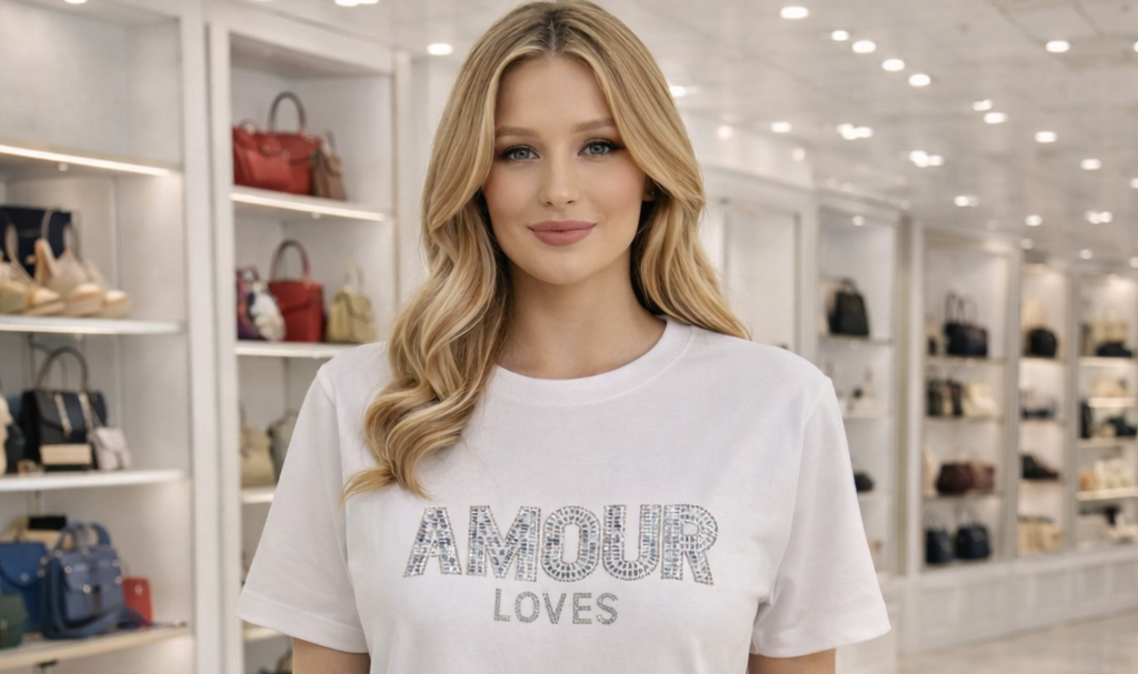 AMOUR Crystal Tee Shirts - White (choose your Size)