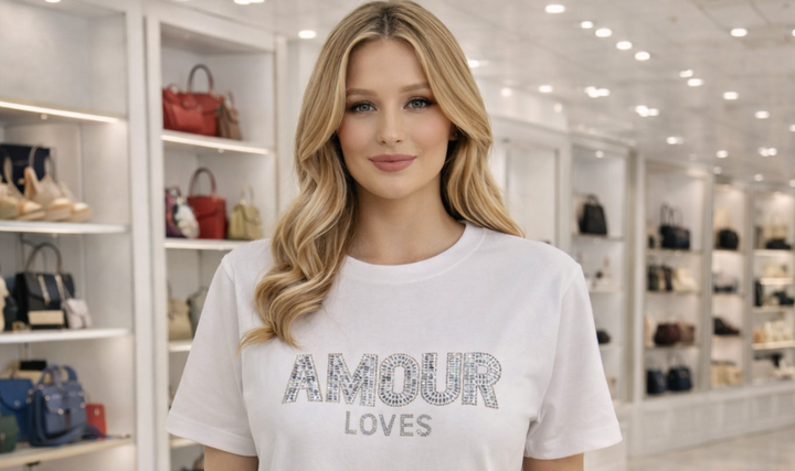 AMOUR Crystal Tee Shirts - White (choose your Size)