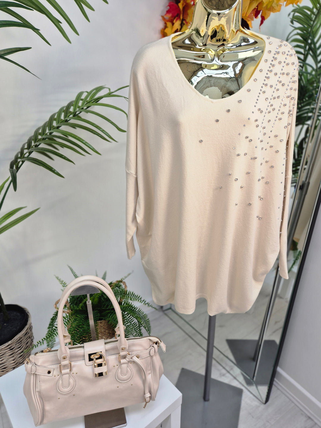 Celine Crystals, Pearls & Diamantes Oversized Jumper with V Neck (choose your Colour) (One Size/Curvy, fits from Size 12 up to Size 18)