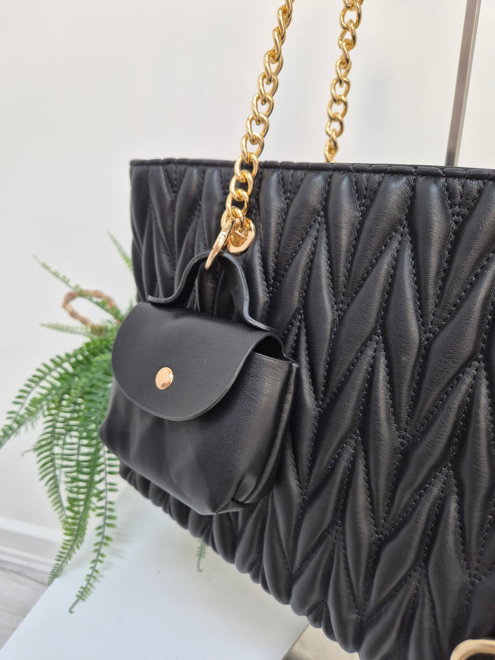 Alexis Quilted Faux Leather Bag with Charms - Black