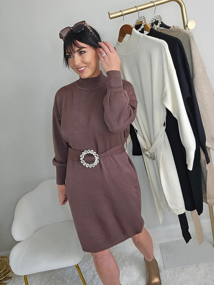 Christabelle Crystal Belted Jumper Dress - Latte (One Size, up to Size 16)