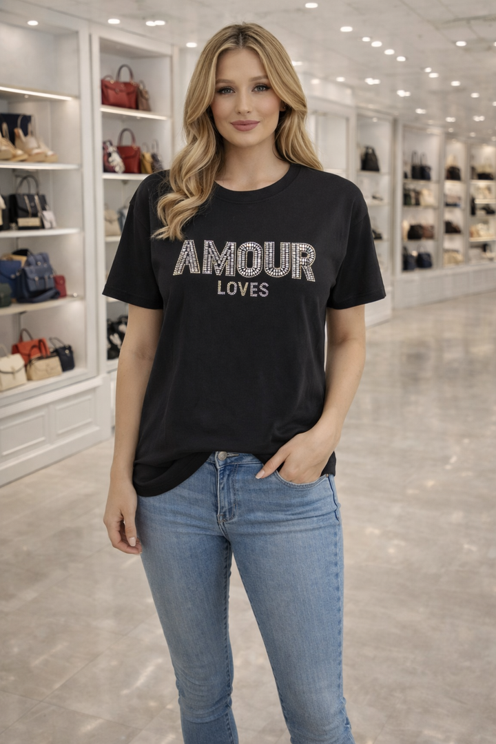 AMOUR Crystal Tee Shirts - Black (choose your Size)