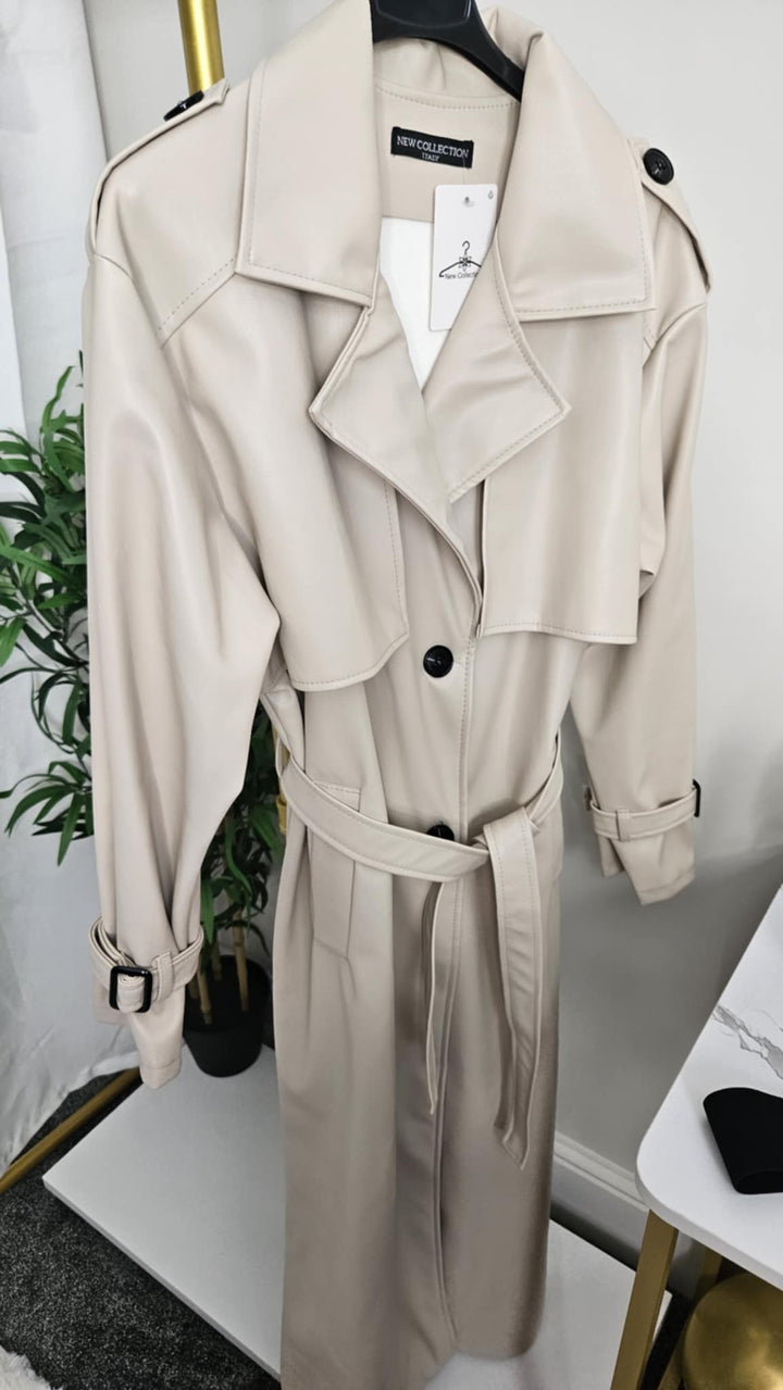 Sandringham PU Longline Trench Coat - Beige (One Size fits Size 10 up to Size 16)