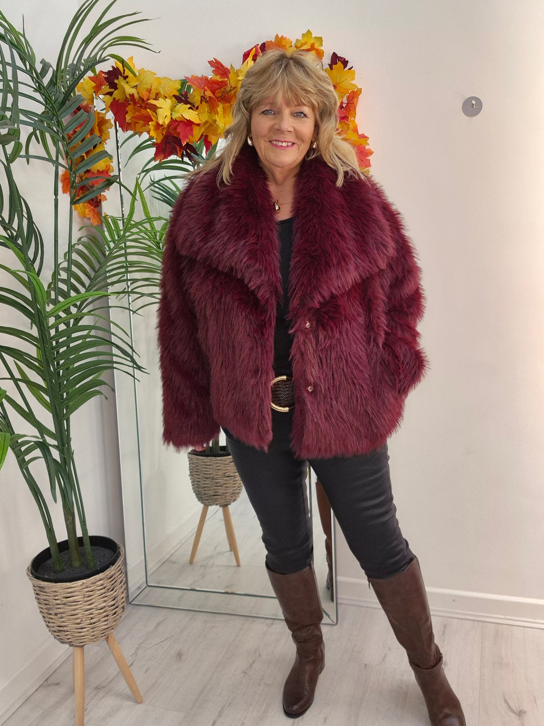 Oslo Faux Fur Shawl Collar Jacket - Wine (One Size/Curvy - fitting from Size 14 up to Size 18)