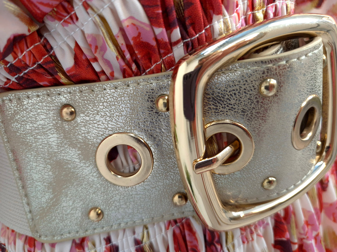 Stretchy Belt with Large Buckle - Gold/Beige