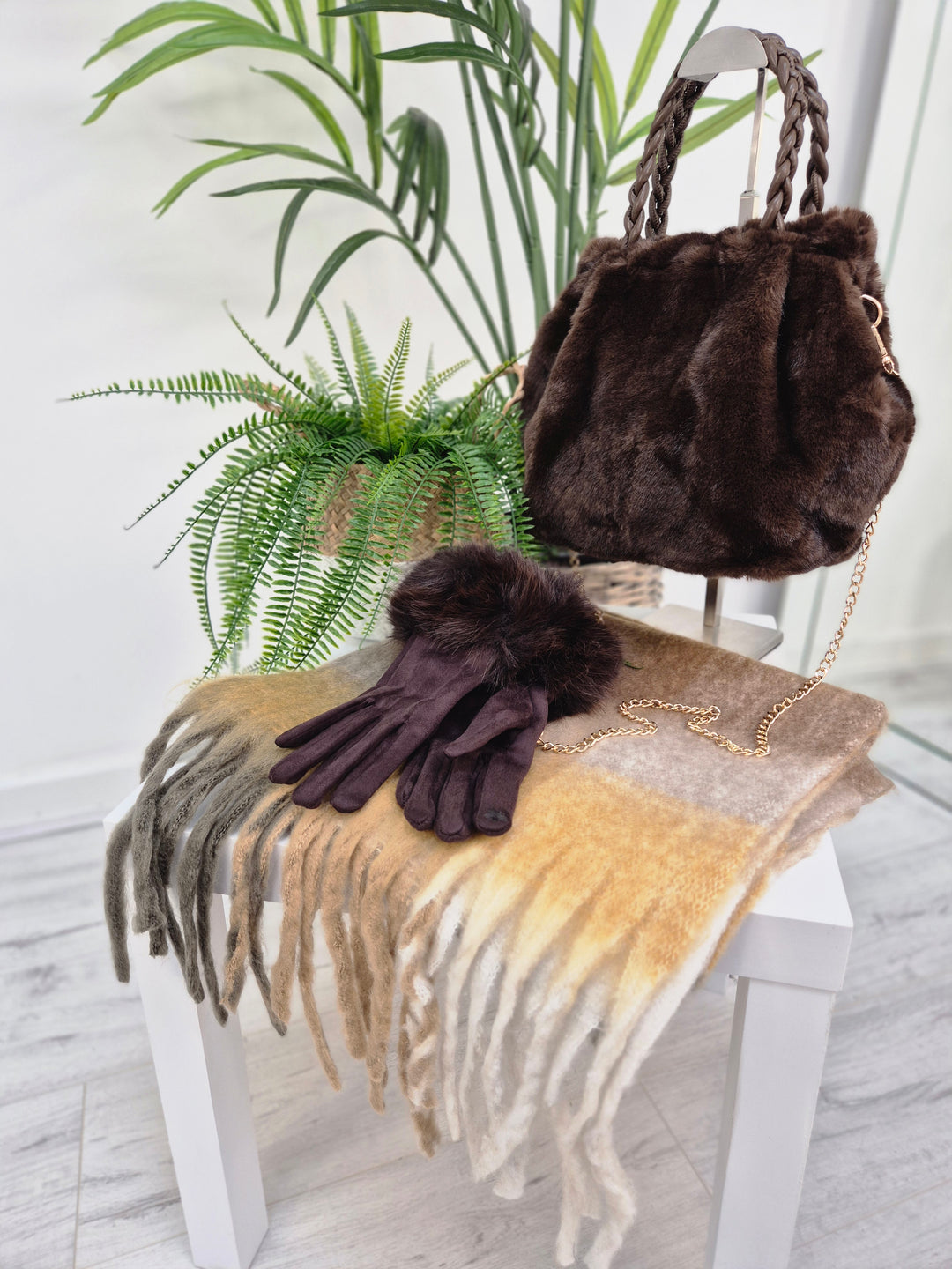 Checked Scarf with Fringing - Chocolate Multi