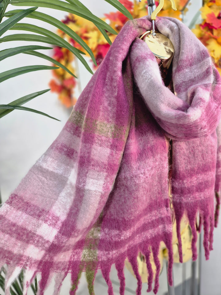 Checked Scarf with Fringing - Wine