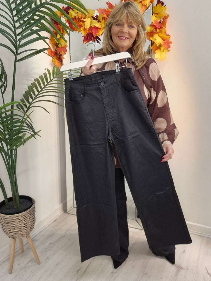 Noir PU Coated Wide Leg Jeans - Black (G Smack) - (choose your Size)