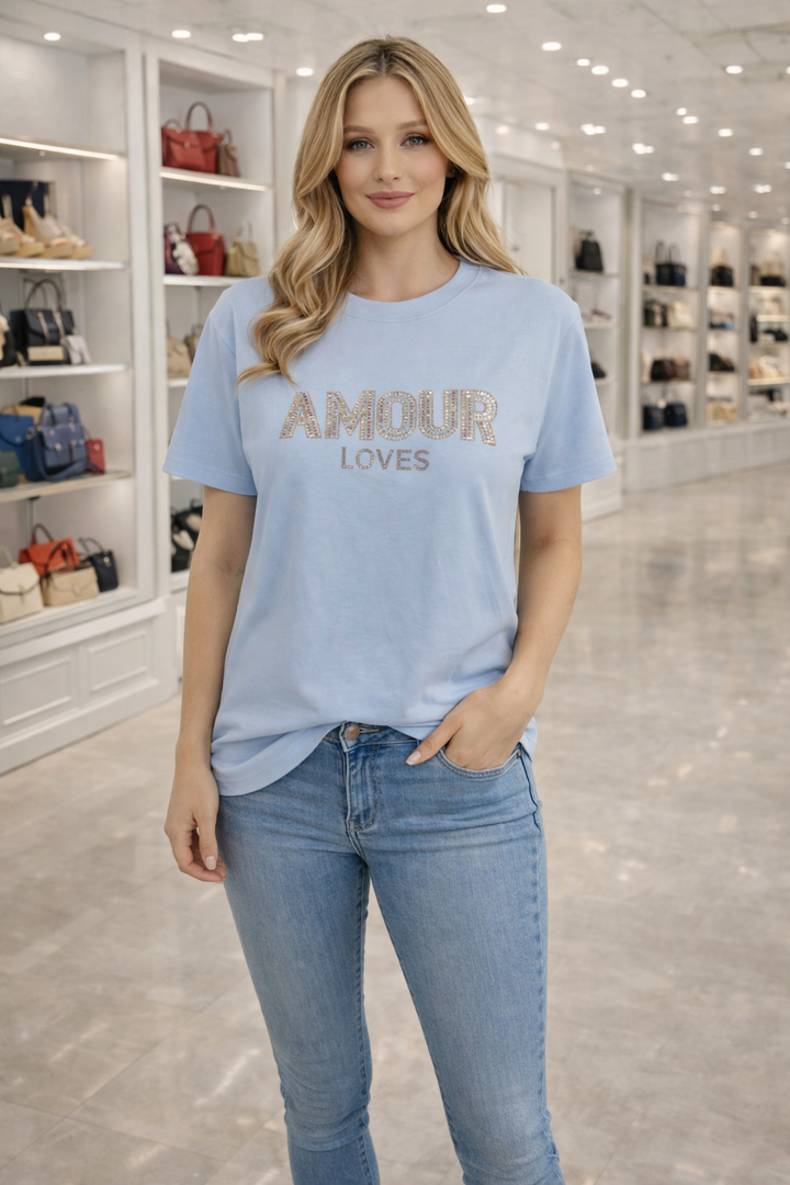 AMOUR Crystal Tee Shirts - Blue (choose your Size)