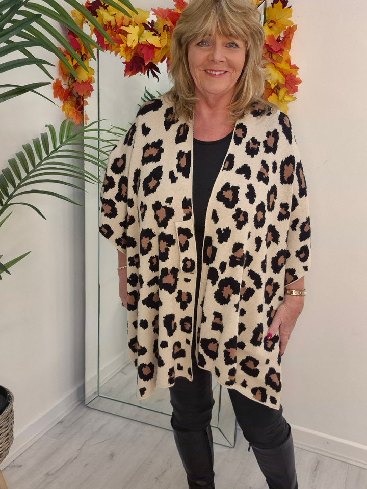 Leopard Super Soft Poncho/Wrap - Latte (One Size/Curvy Size from 12 up to Size 20)