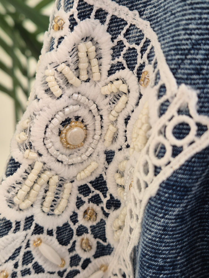 Elle Lace Tassel Denim Jacket - Mid Stonewashed (One Size, fitting from Size 10 up to 14)