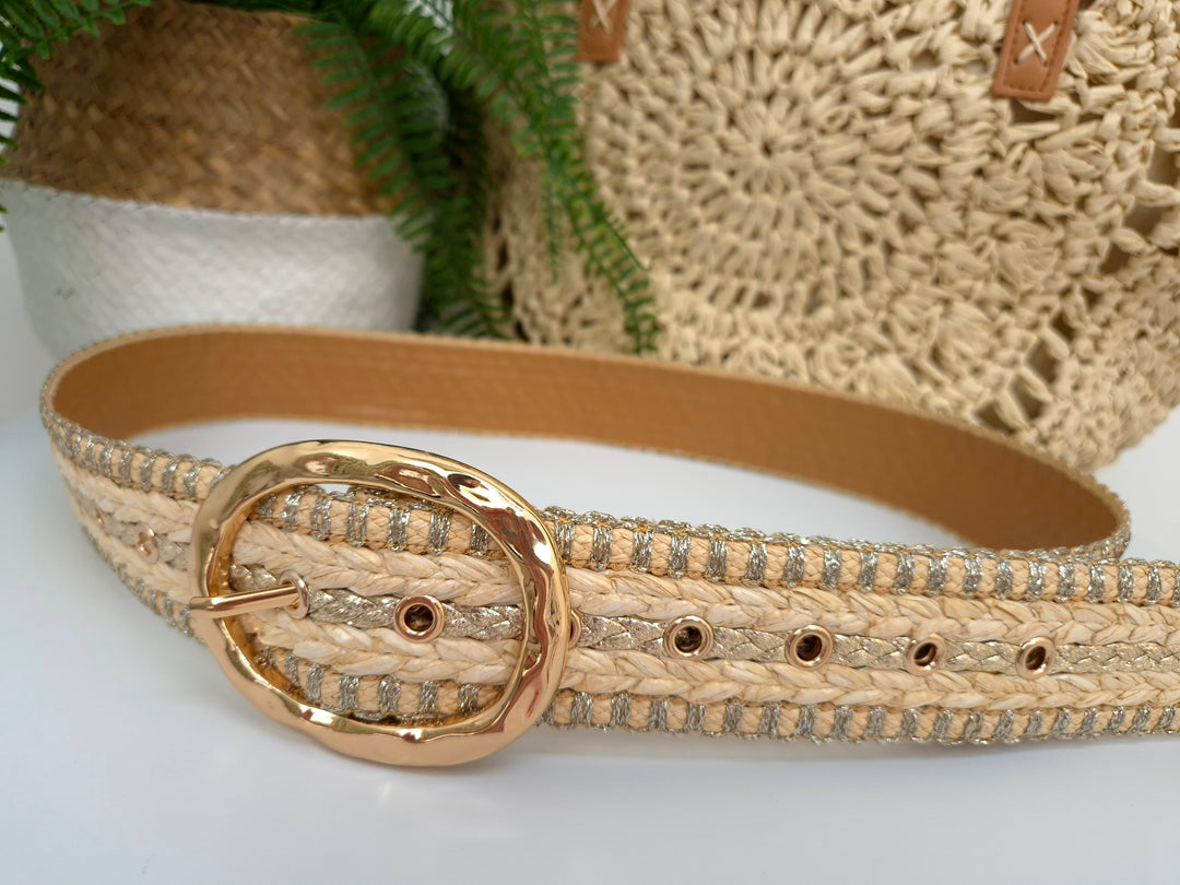 Woven Belt with Large Gold Buckle - Natural/Gold
