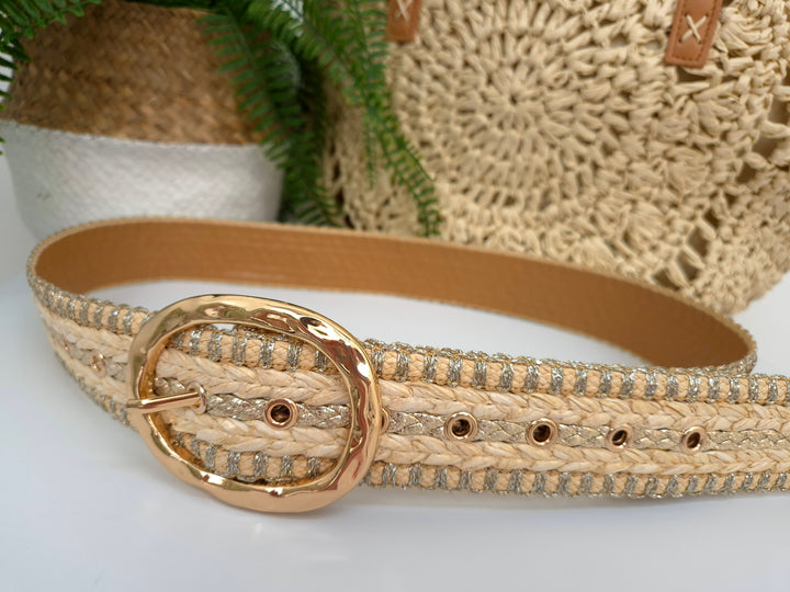 Woven Belt with Large Gold Buckle - Natural/Gold