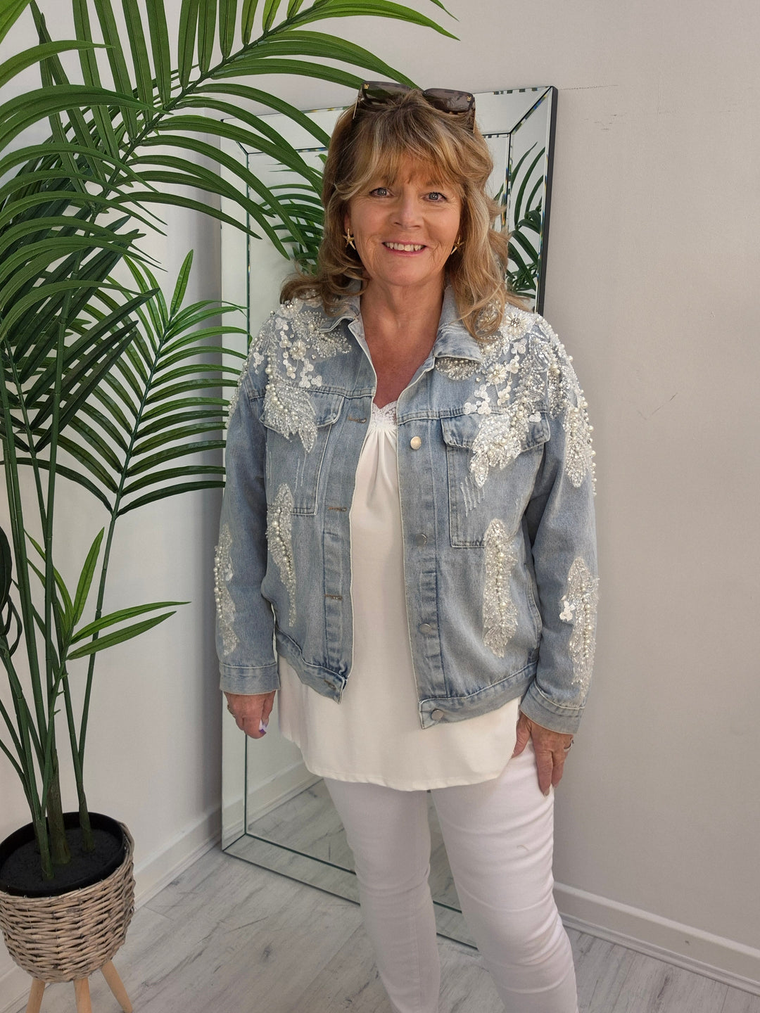 Angelica Crystal & Pearl Denim Jacket - Stonewashed (Oversized)