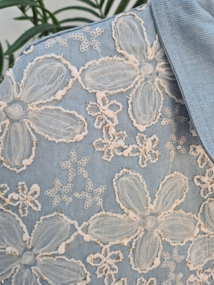 Darcy Denim Jacket - Applique Florals/Gold Metallic (One Size/Curvy, fitting from Size 14 up to 18)