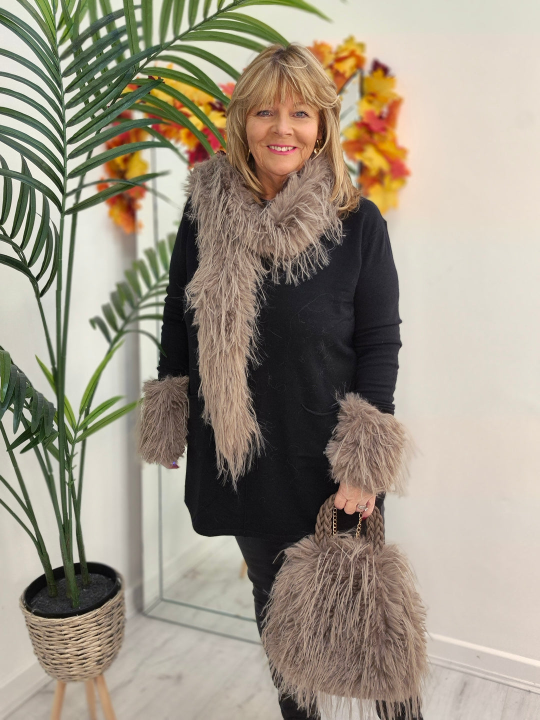 Oslo Faux Fur Shaggy Bag with Dual Handles & Chain Strap - Mocha