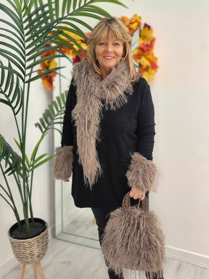 Oslo Faux Fur Shaggy Bag with Dual Handles & Chain Strap - Mocha