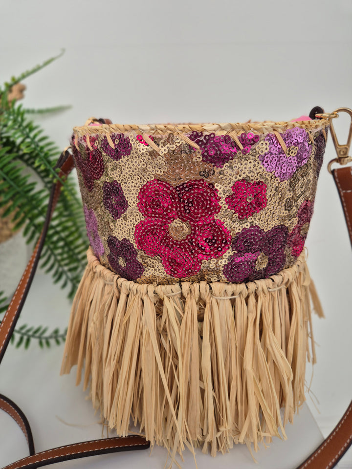 Sequin Straw Bag with Long Adjustable Strap - Pink Multi Sequins
