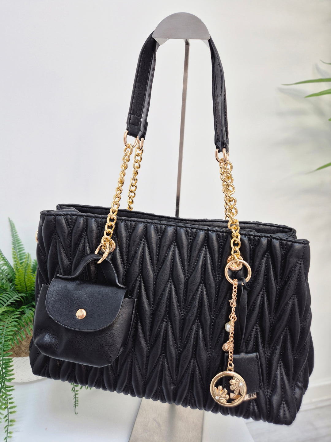 Alexis Quilted Faux Leather Bag with Charms - Black