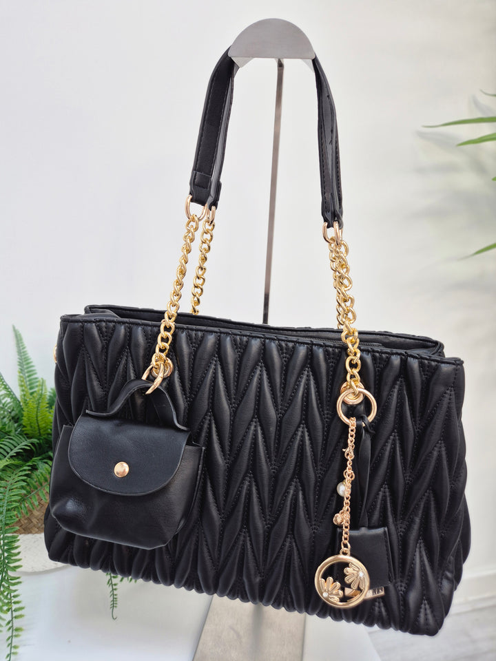 Alexis Quilted Faux Leather Bag with Charms - Black