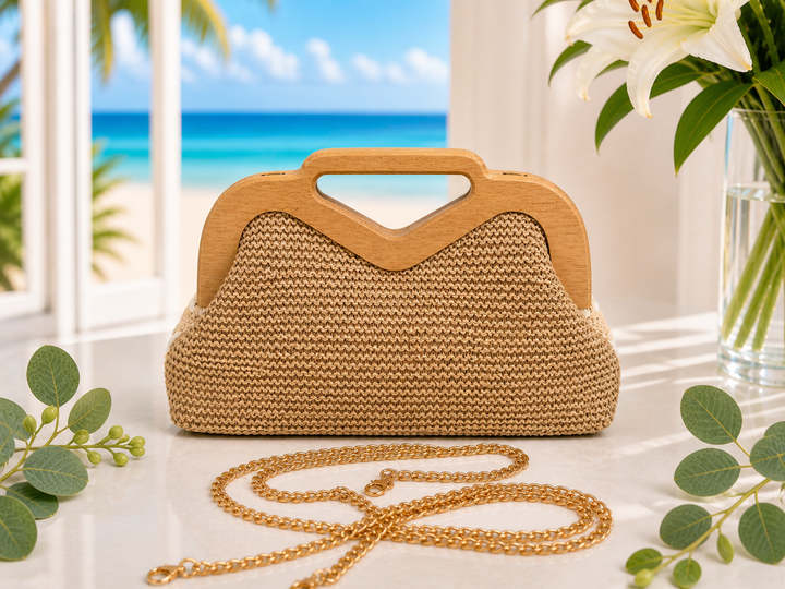 Daisy Crochet Bag (Clutch or Crossbody) with Gold Chain - Natural