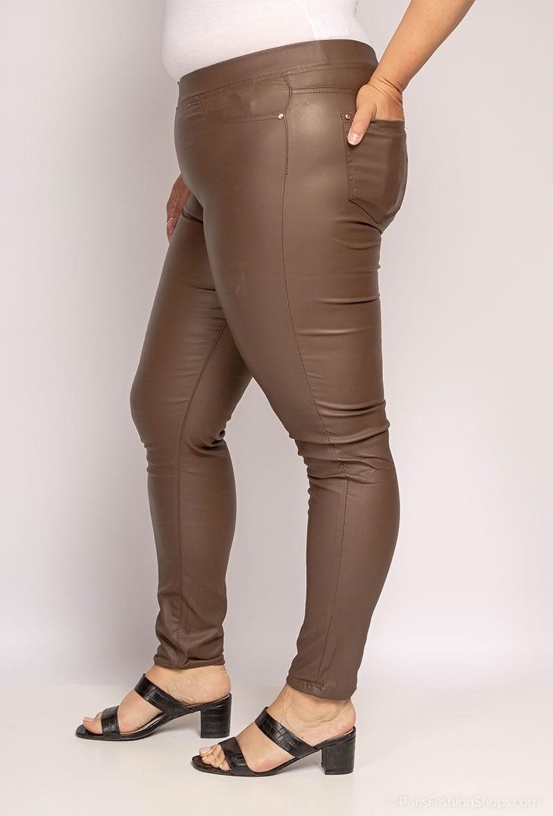 Emma Pull On PU Coated Jeans - Chocolate (choose your Size)