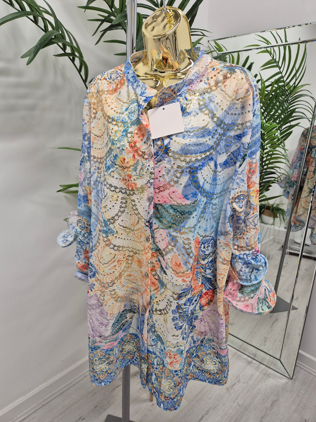 Alba Floral Double Fluted Sleeve Top - Blue/Pink (Oversized, fitting from Size 14 up to Size 20)