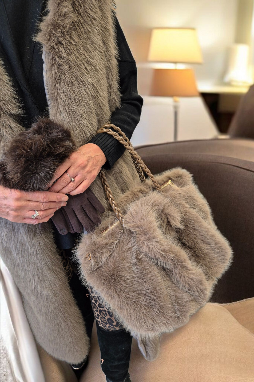 Oslo Faux Fur Bag with Dual Handles - Mocha (Large Size)