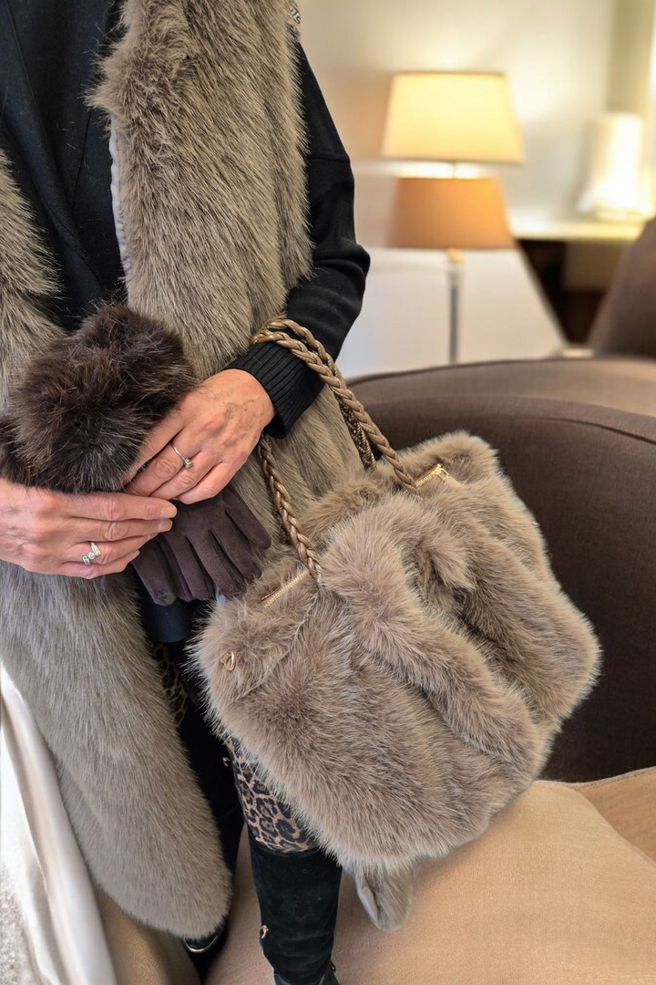 Oslo Faux Fur Bag with Dual Handles - Mocha (Large Size)